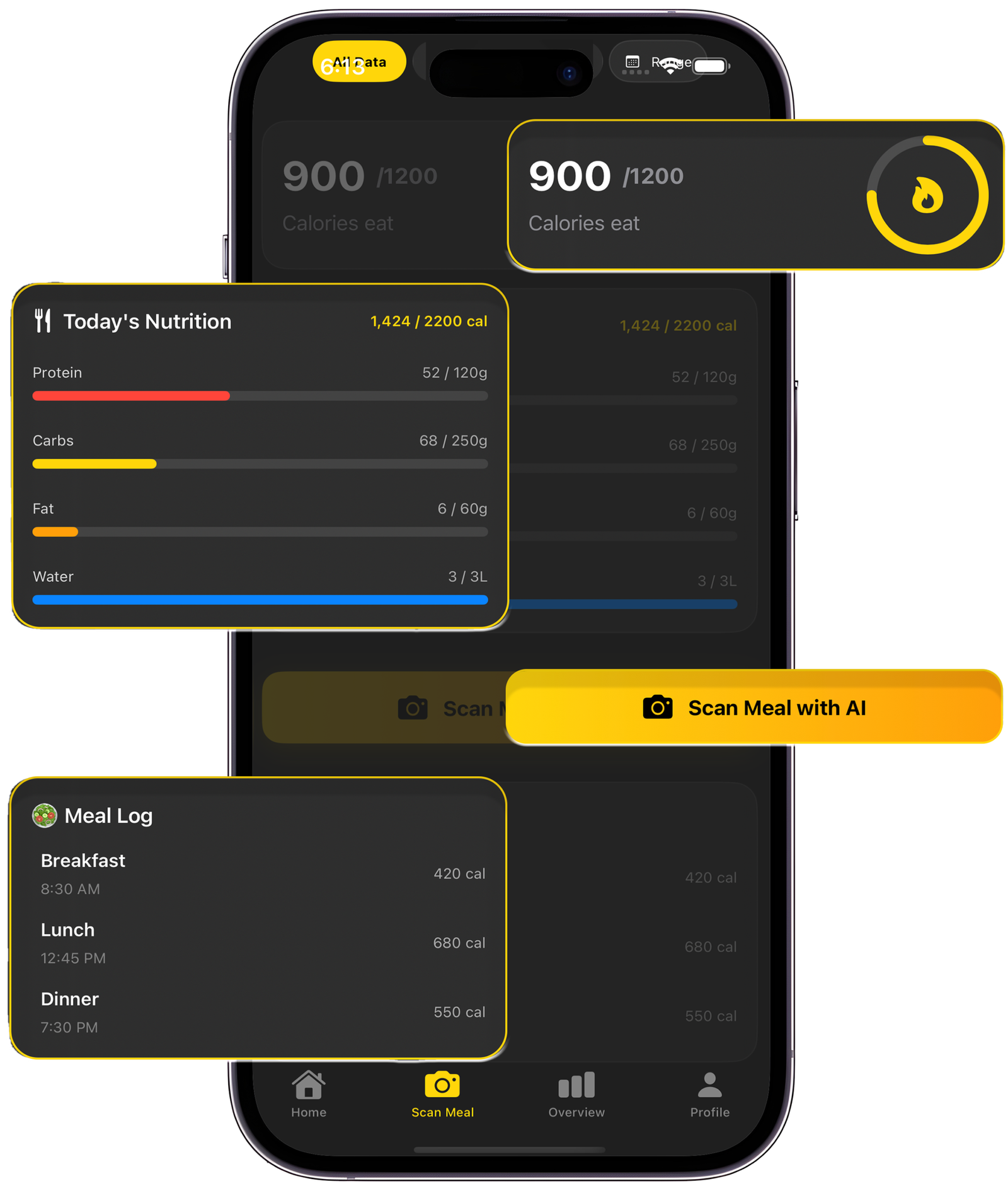 FitTrack app showing workout statistics: calories, reps, and active time