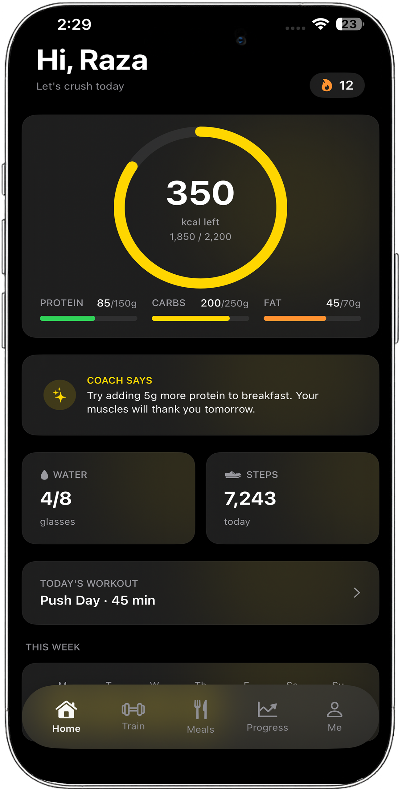 Fitness App Interface showing workout statistics and progress charts