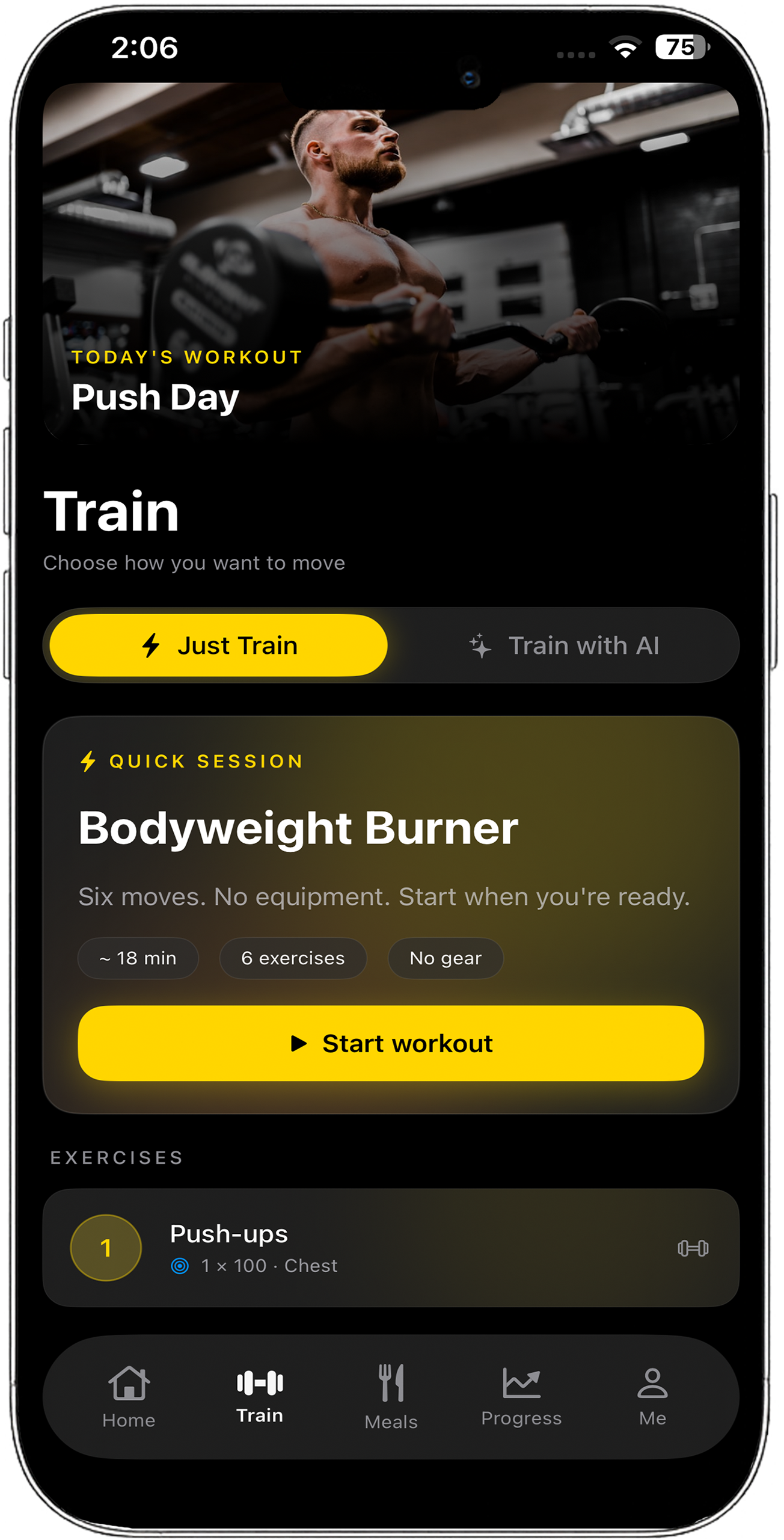 FitTrack app interface showing quick setup steps – download, profile, and start training